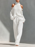 Conjunto Blusa Estampada y Pantalón Beige — Blanco