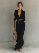 Vestido Camisero Camel con Cinturón — Negro